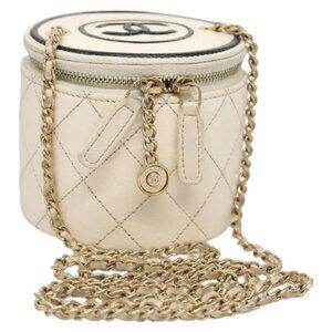 CHANEL Matelasse Chain Shoulder Bag Leather White Gold CC Auth 126060